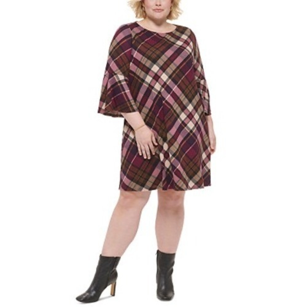 Jessica Howard Women's 2X Plaid‎ Flared Sleeve Dress Purple Beige Brown NWT
